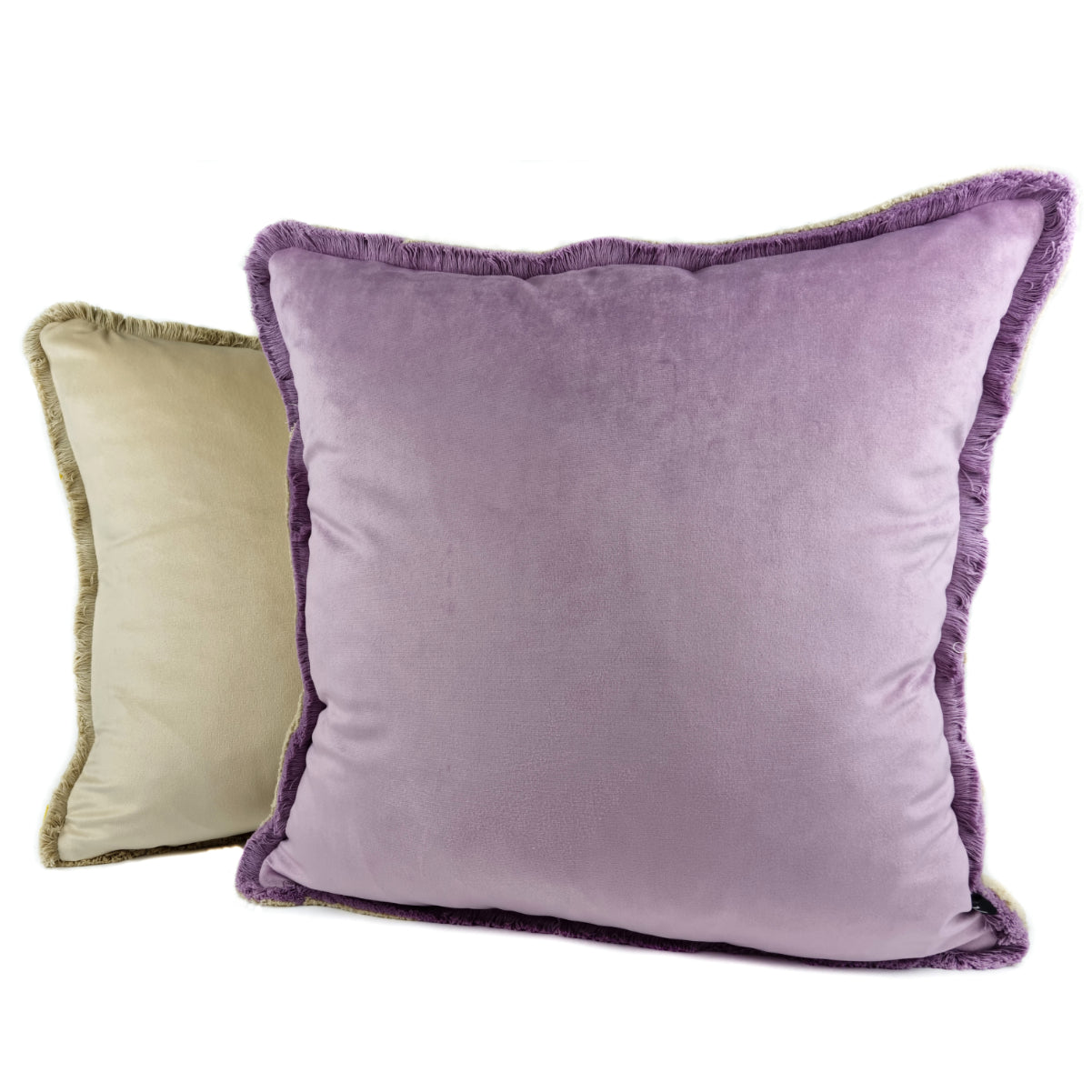 Almofada BELLUS 45x45 Veludo 2 Tons Roxo e Bege Natural com Franja