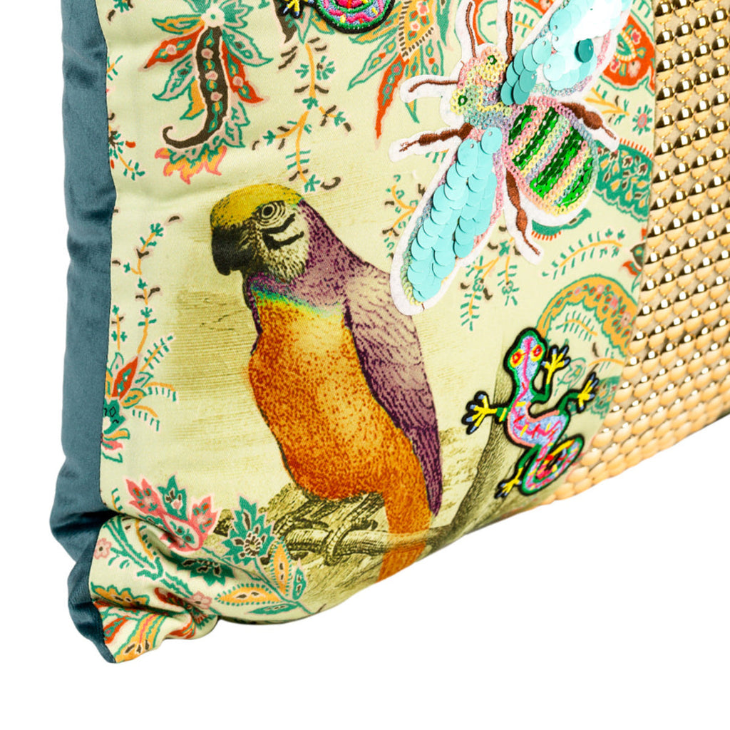DINJA 37x45 Birds and Lizard Cushion with Gold Appliqués and Green Velvet Back