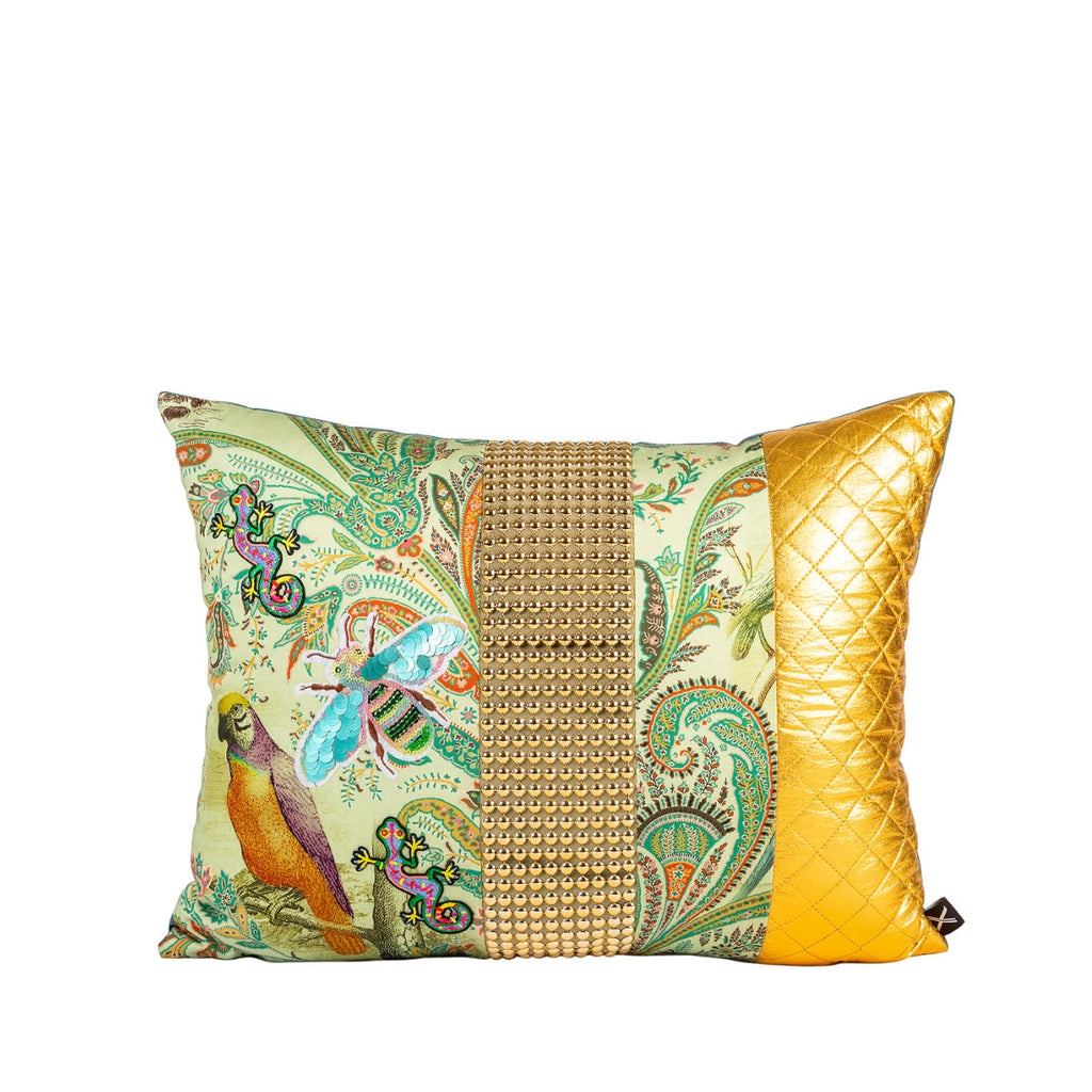 DINJA 37x45 Birds and Lizard Cushion with Gold Appliqués and Green Velvet Back