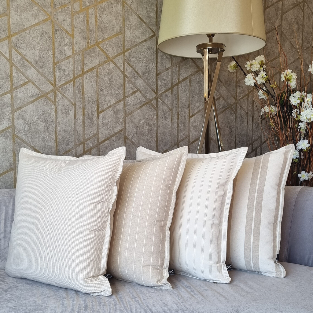 DINJA 50x50 Beige Linen Cushion with Raw Stripe and Border 