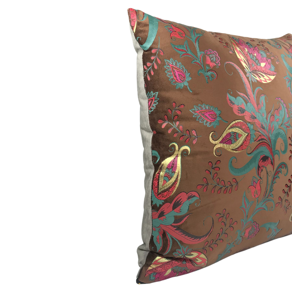 FJURI 45x45 Brown Cushion with Green Flowers and Gold Clasp