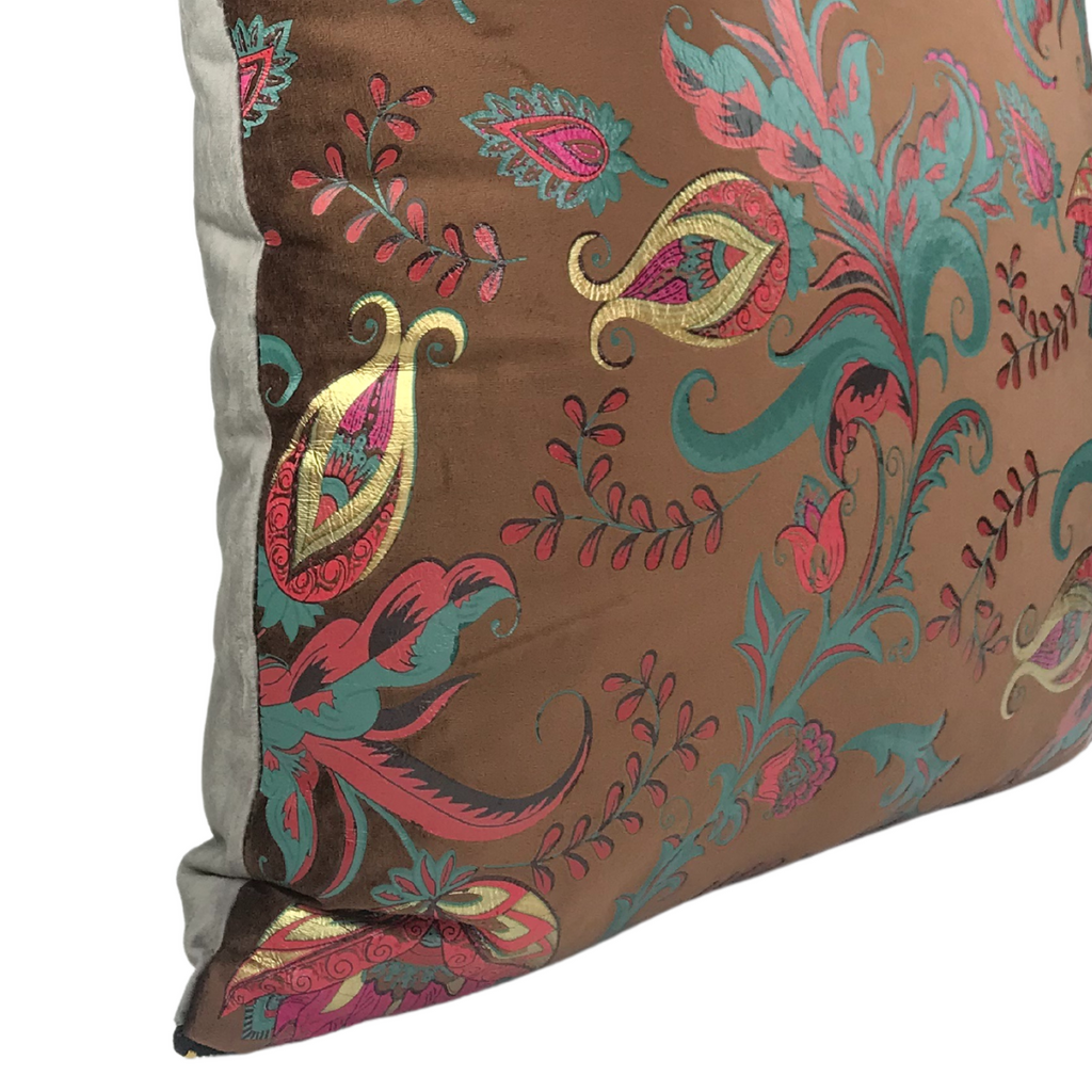 FJURI 45x45 Brown Cushion with Green Flowers and Gold Clasp