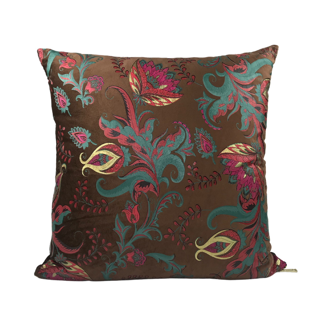 FJURI 45x45 Brown Cushion with Green Flowers and Gold Clasp