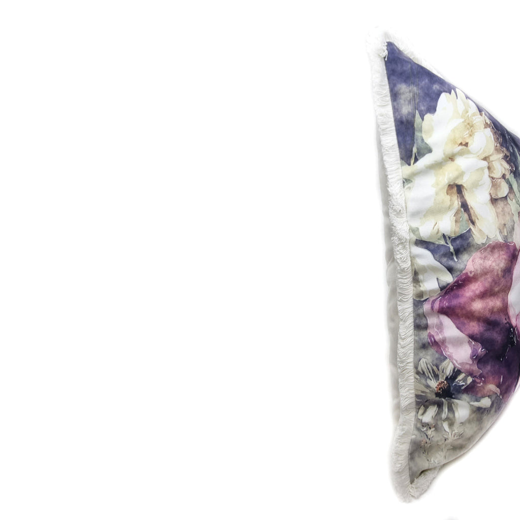 FJURI 45x45 Purple Floral Cushion with White Fringe