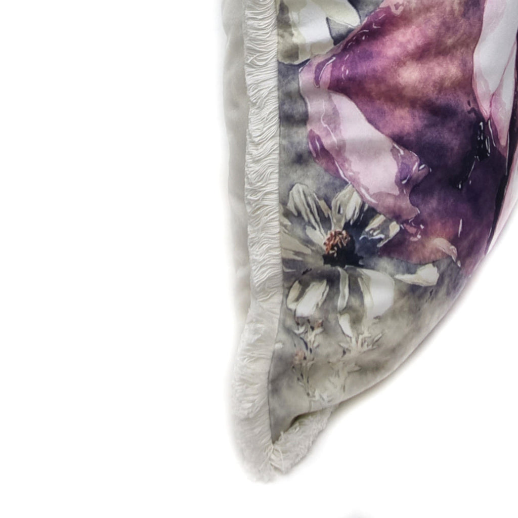 FJURI 45x45 Purple Floral Cushion with White Fringe