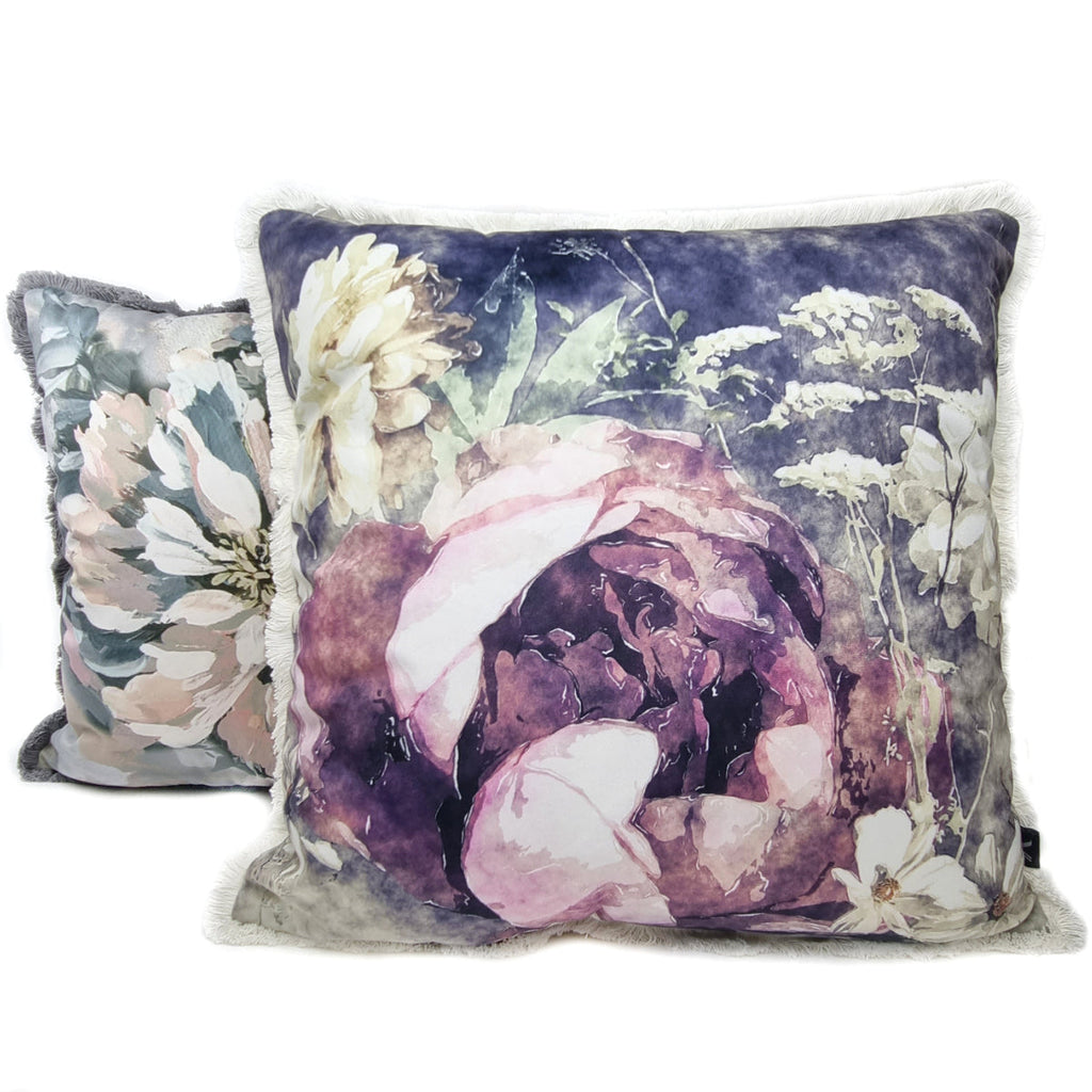 FJURI 45x45 Purple Floral Cushion with White Fringe