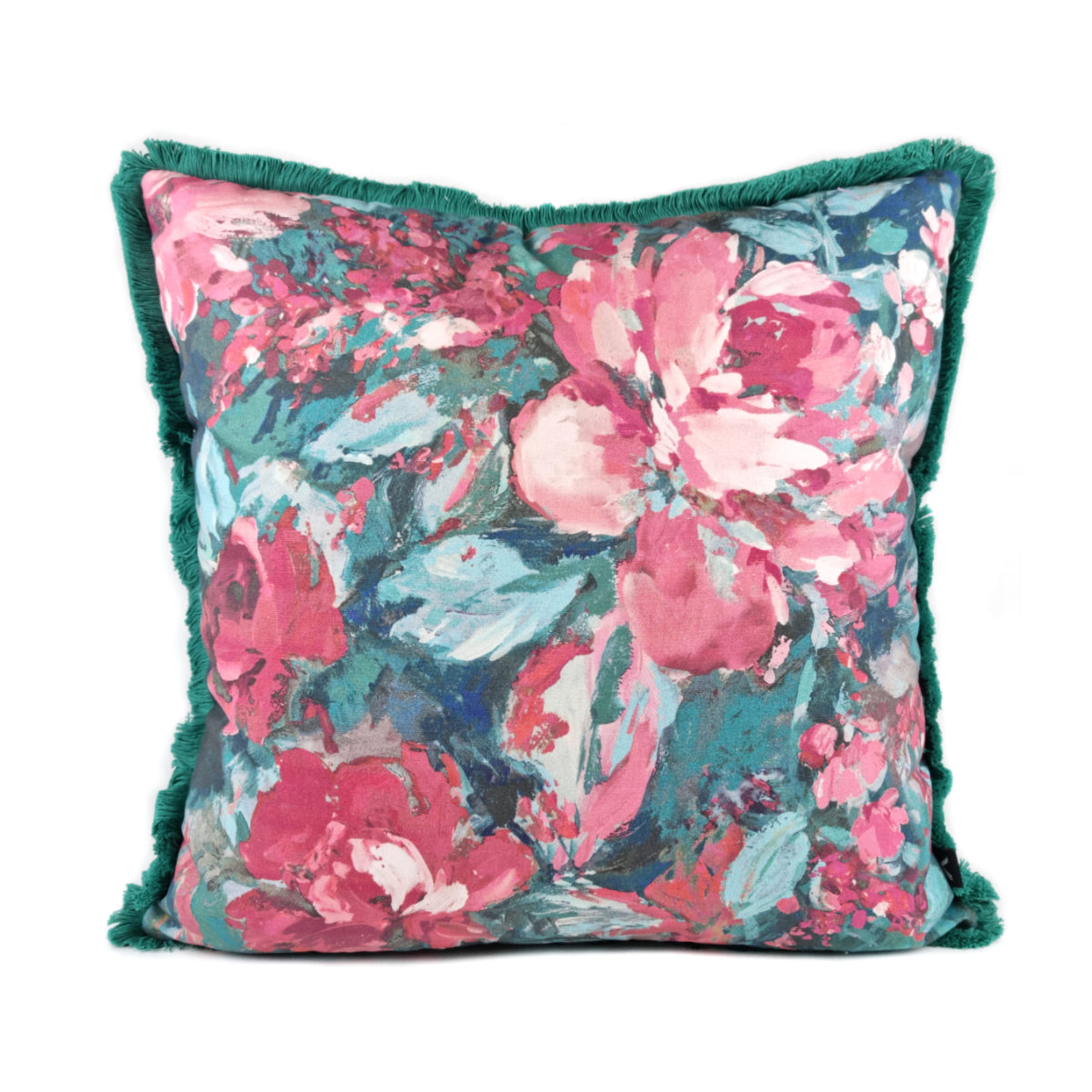 FJURI Cushion 45x45 Pink Flowers with Fringe