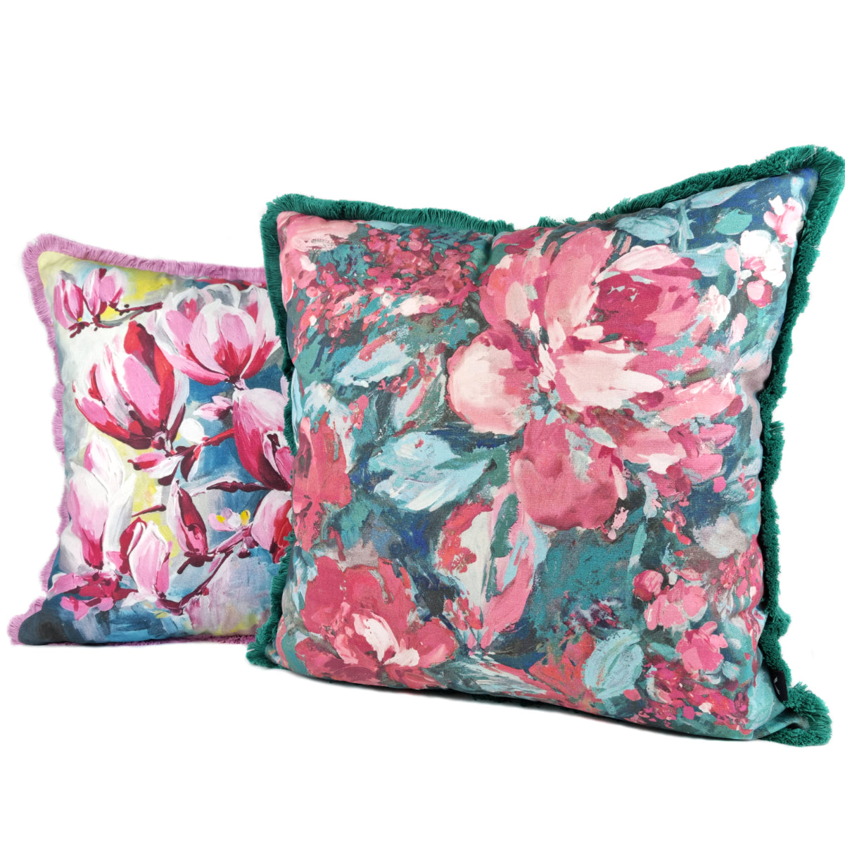 FJURI Cushion 45x45 Pink Flowers with Fringe