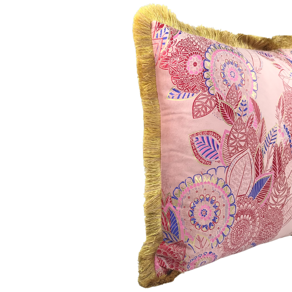 FJURI 45x45 Pink Cushion with Gold and Blue Leaves and Gold Fringe