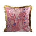 Almofada FJURI 45x45 Rosa com Folhas Douradas e Azuis e franja Dourada