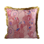 Almofada FJURI 45x45 Rosa com Folhas Douradas e Azuis e franja Dourada