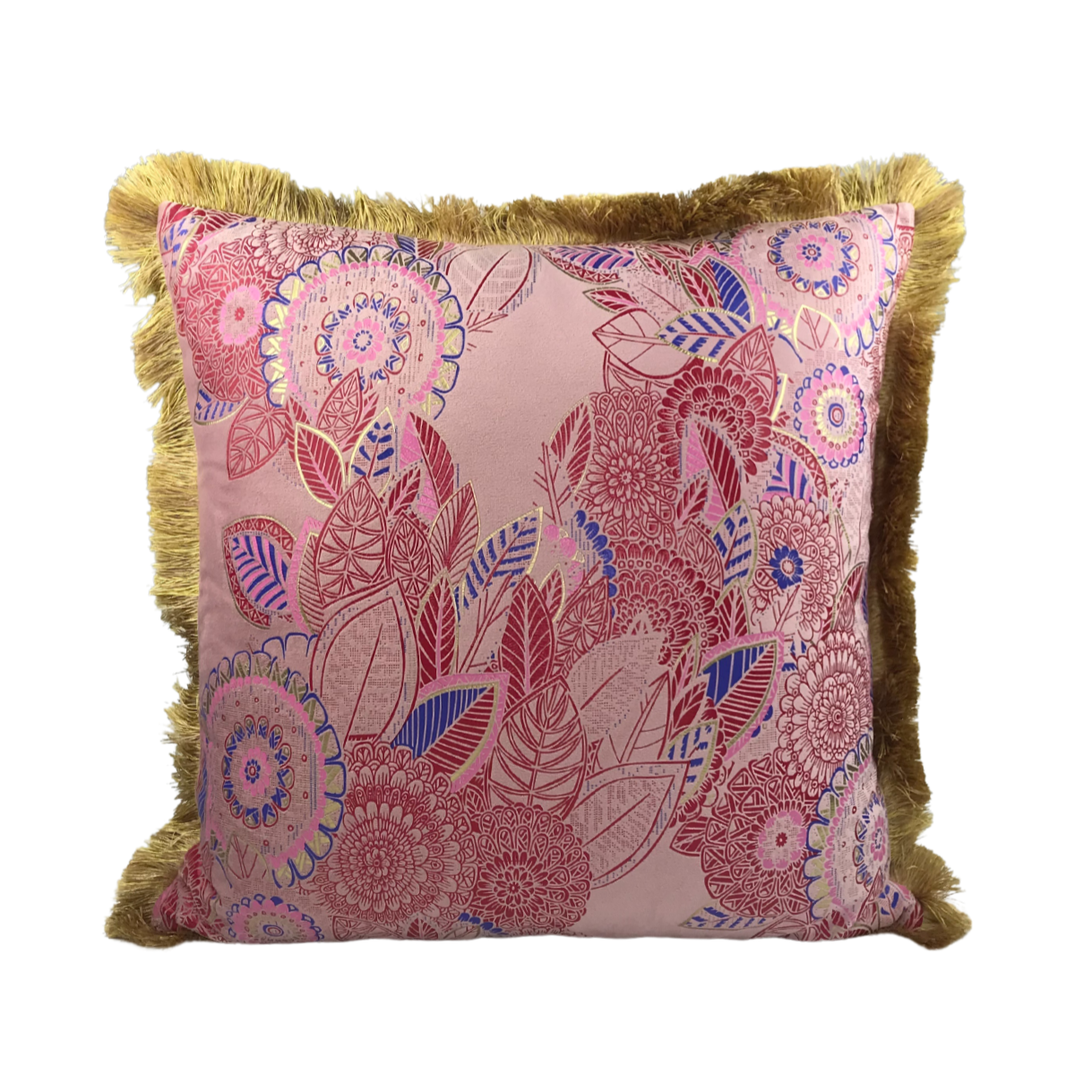 Almofada FJURI 45x45 Rosa com Folhas Douradas e Azuis e franja Dourada