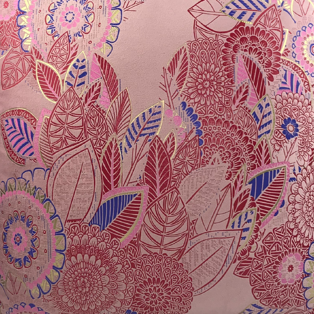 FJURI 45x45 Pink Cushion with Gold and Blue Leaves and Gold Fringe