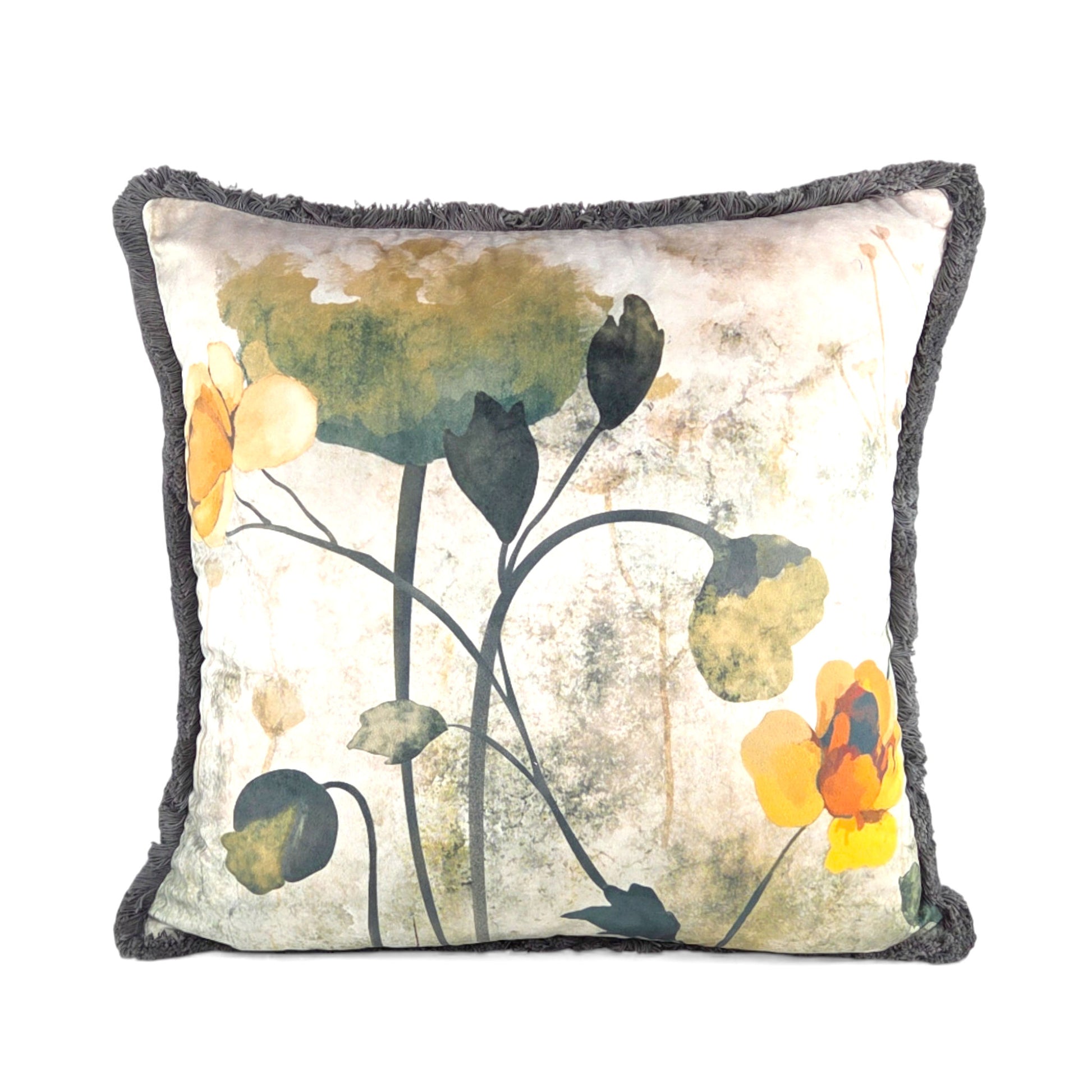Almofada FJURI 45x45 com pintura Floral e tons de Verde e Amarelo com franja Verde escura
