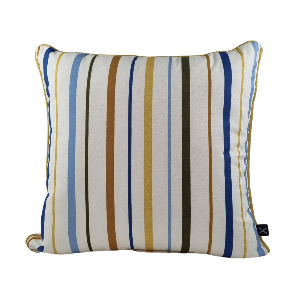 Almofada KULURI 45x45 Riscas Amarelo Azul e Castanho com vivo Amarelo