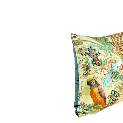 Cushion DINJA 37x45 Birds and Lizard with Gold Aplications and Green Velvet Back