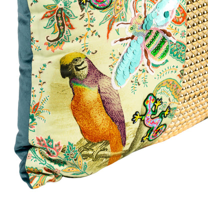 Cushion DINJA 37x45 Birds and Lizard with Gold Aplications and Green Velvet Back